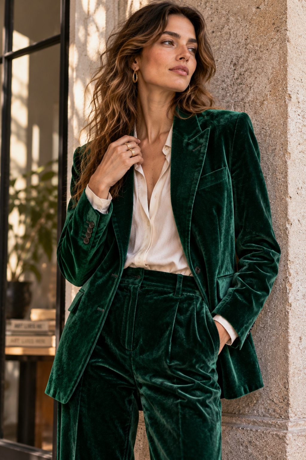 Close-up of a velvet power suit in emerald green, highlighting textures and relaxed styling.
