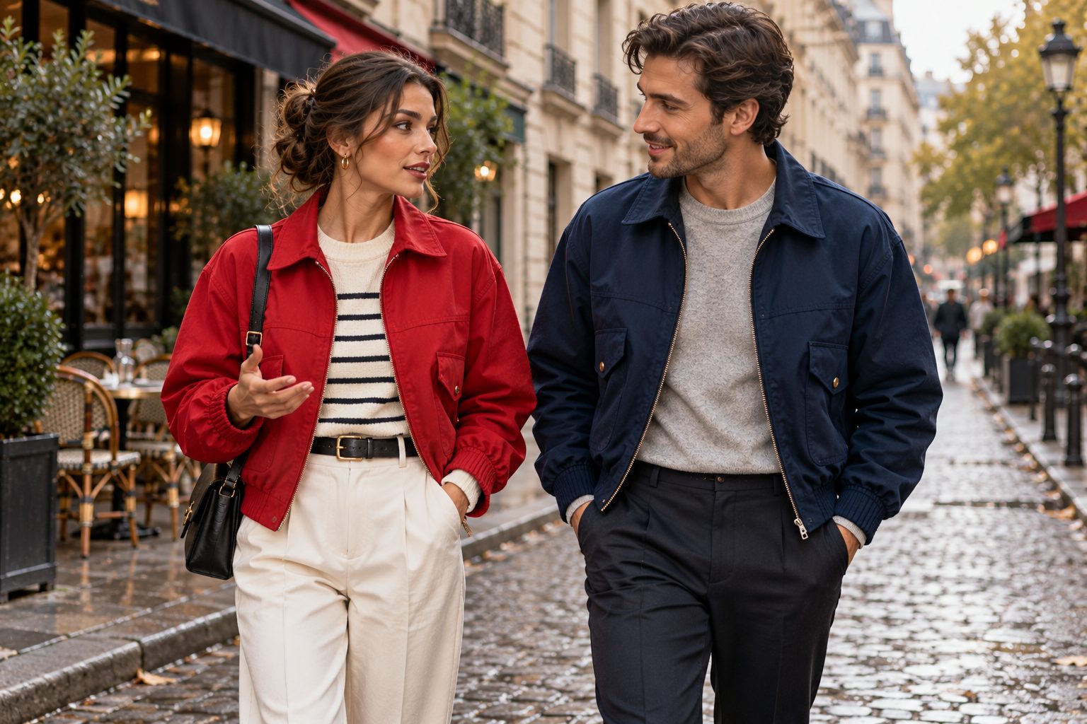 Two models in colorful blouson jackets walking together on a cobblestone street