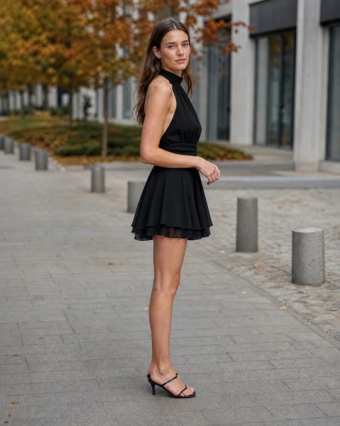 Halter Tie-Up Neck Backless Ruched Skater Dress