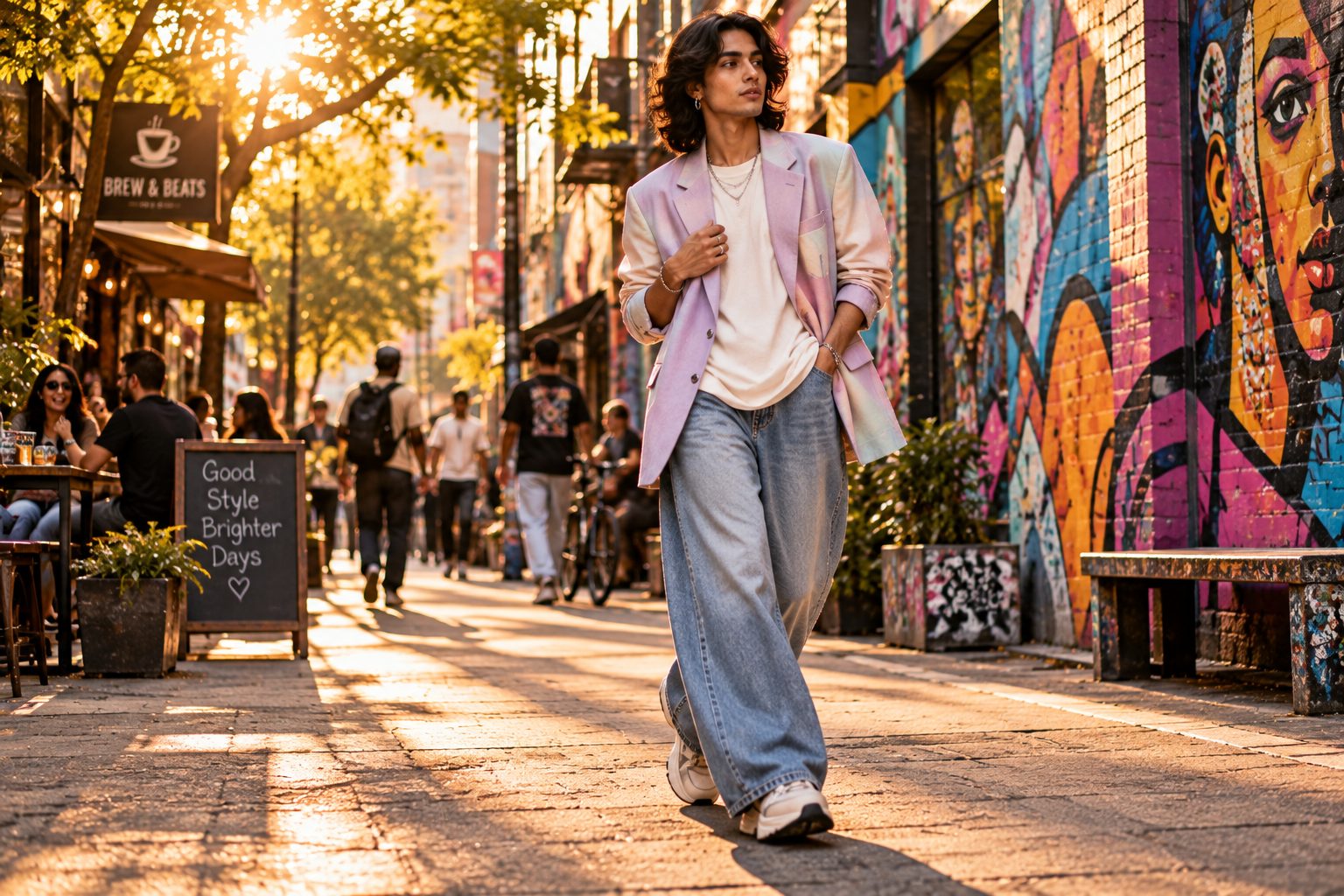 A model in gender-fluid fashion adjusts their oversized blazer in a vibrant urban setting.