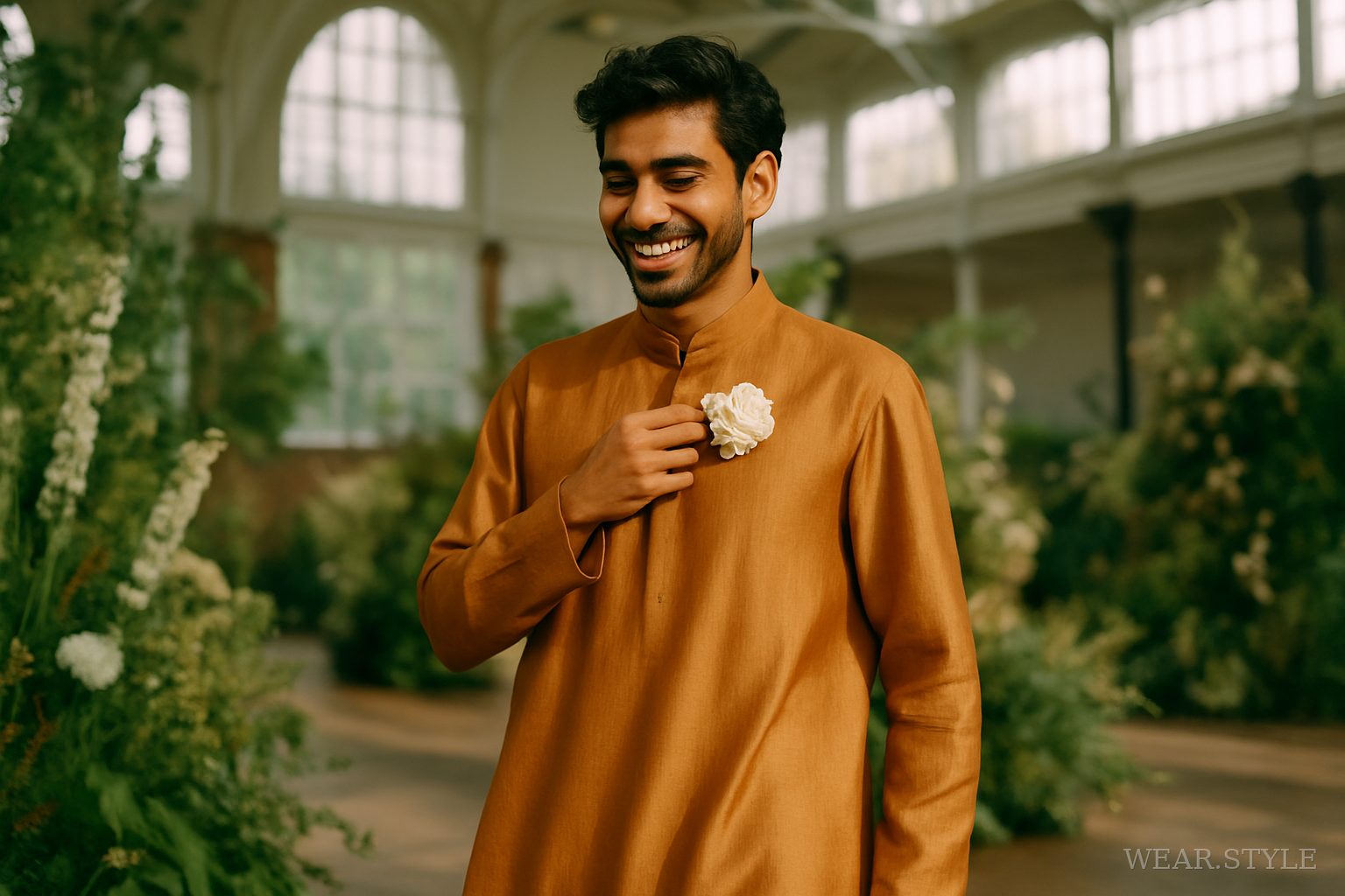 Indian male model in Raw Mango attire at London Fashion Week, laughing in natural light.
