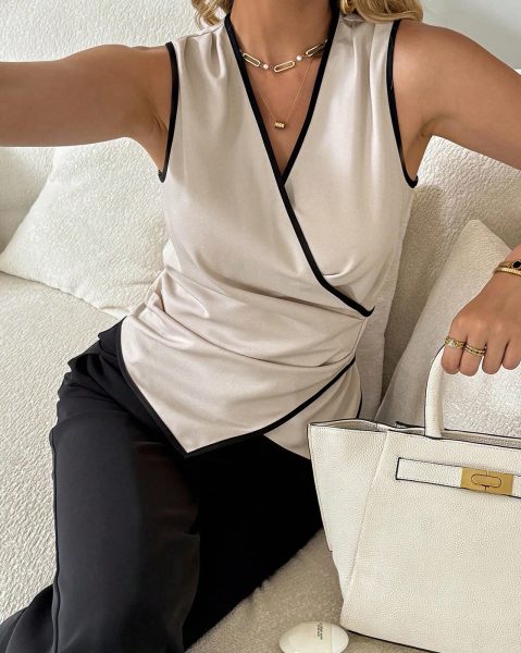 Deep V Neck Sleeveless Contrast Trim Wrap Top