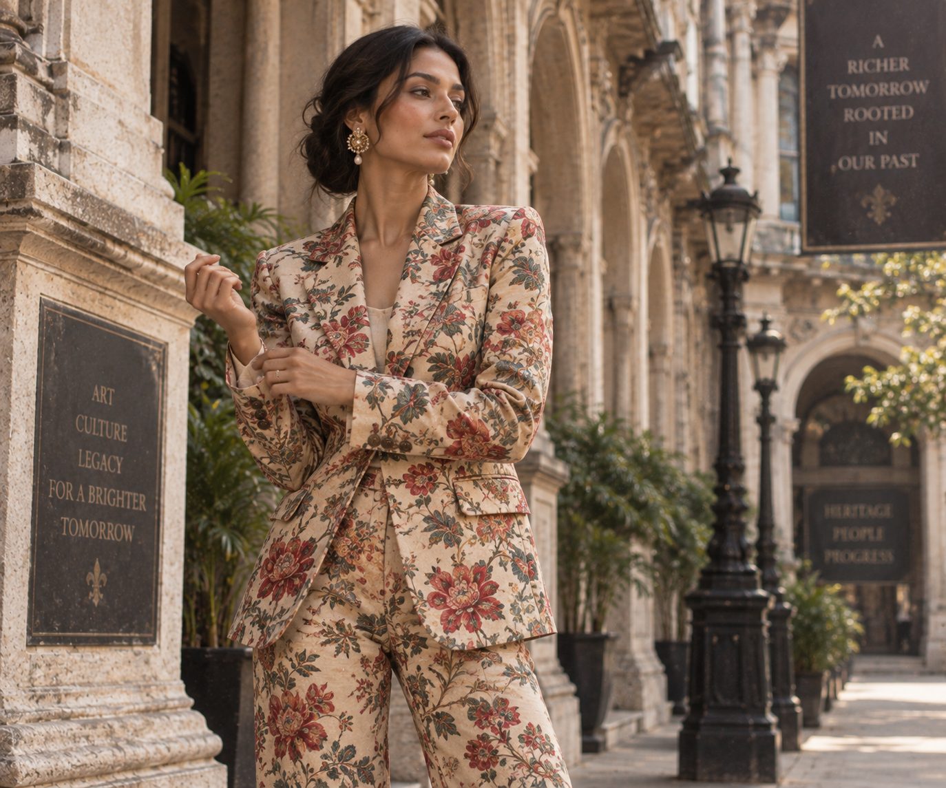 Model in a tailored suit with floral patterns, set against colonial architecture.