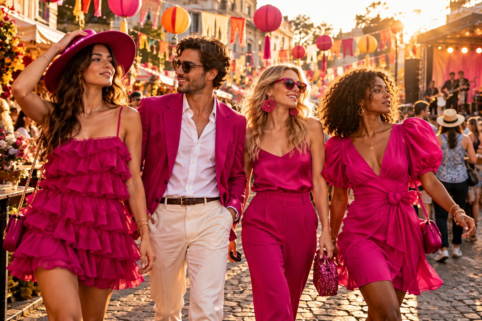 Group of friends in fuchsia fashion at a vibrant street festival.