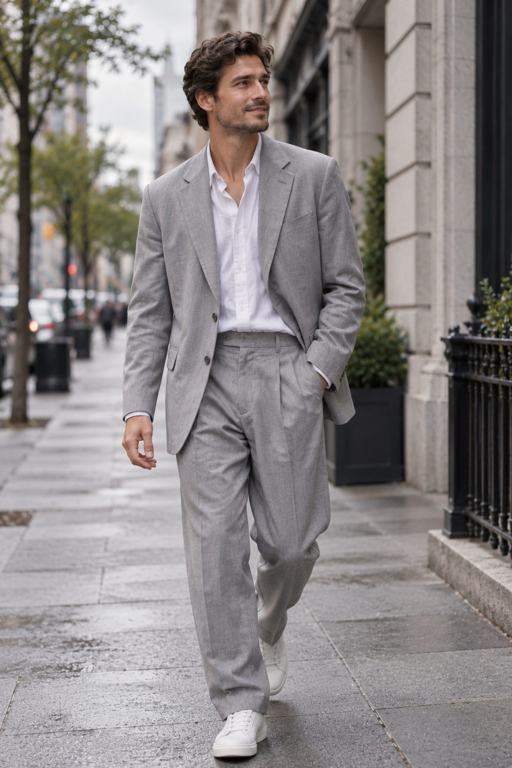 Man in light grey relaxed suit walking in city street