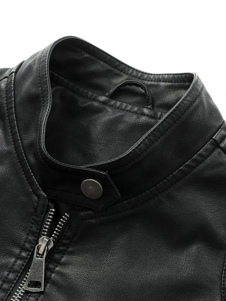 Black Stand Collar Zip Up PU Leather Solid Jacket