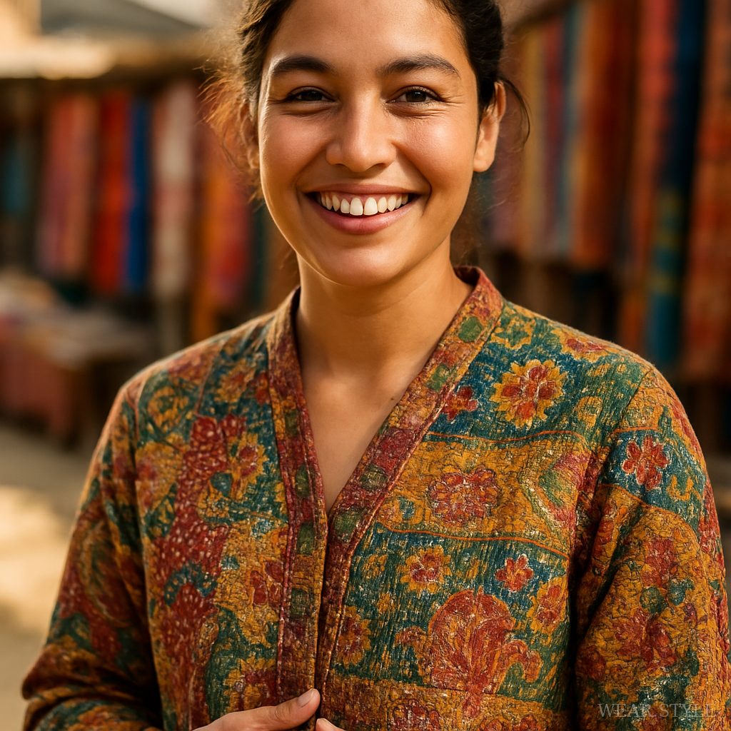 Close-up of a model in a kantha jacket in a vibrant marketplace.