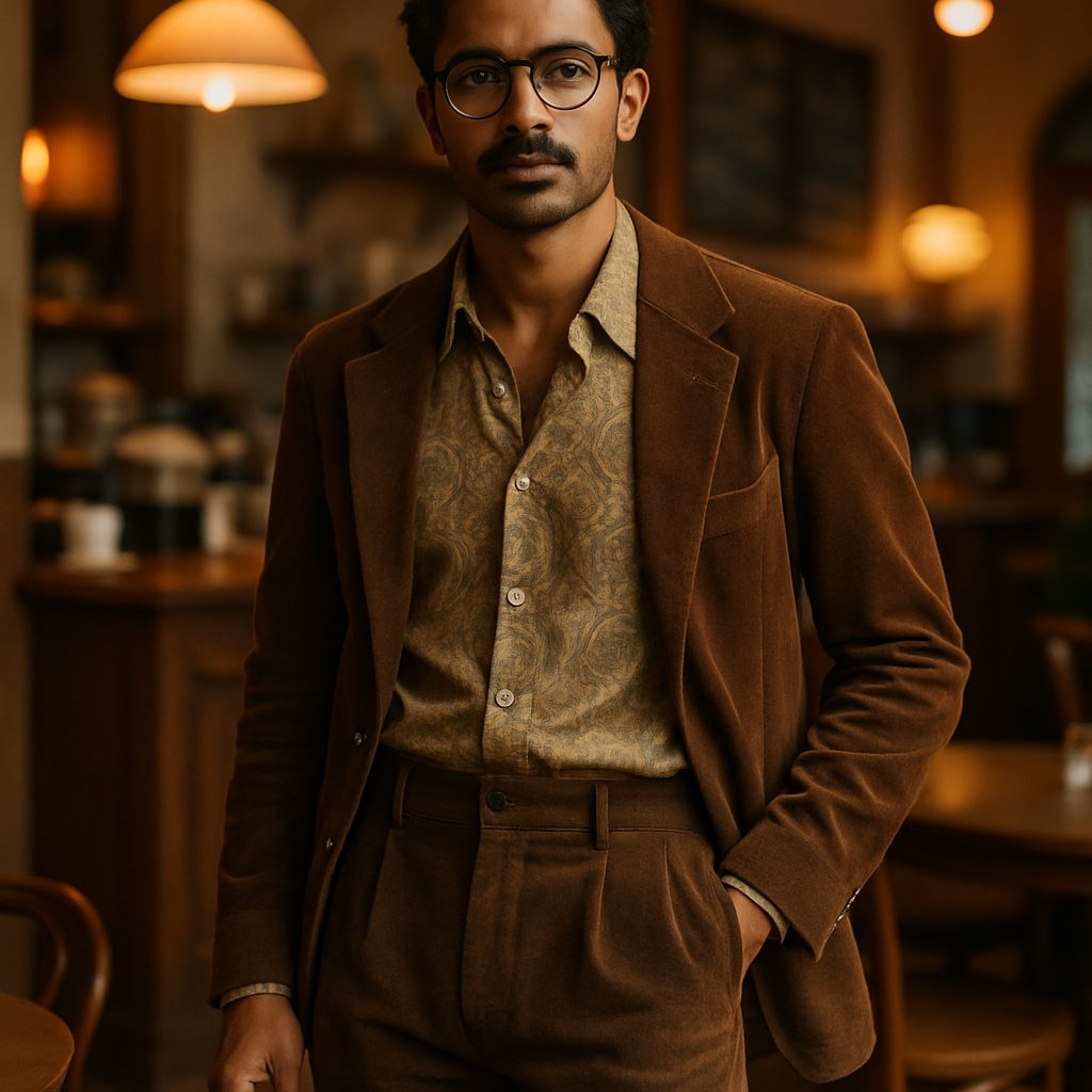 Indian man in vintage-inspired corduroy trousers in a cozy café