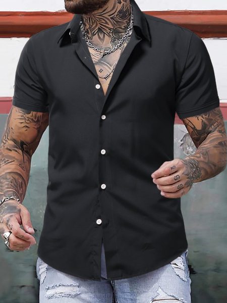 Solid Button Up Slim Fit Short Sleeve Shirt
