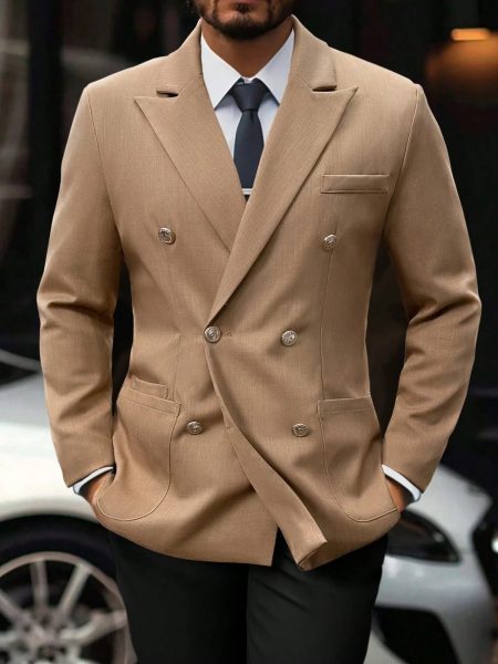 Men's Slim Fit Double-Breasted Blazer – Stand Collar, Colorblock & Business-Ready