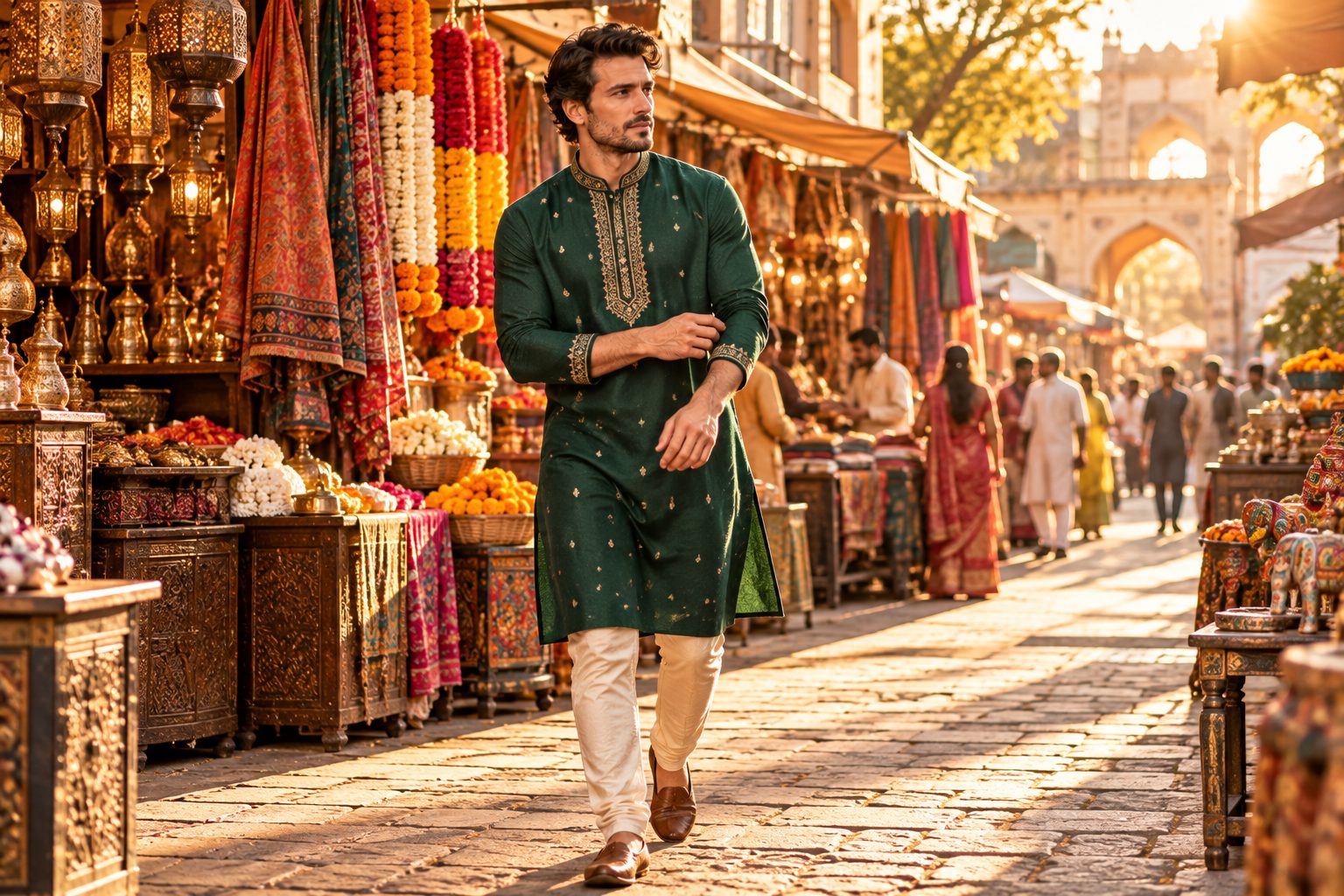 A male model in an emerald green kurta adjusts his cuff in a colorful market.