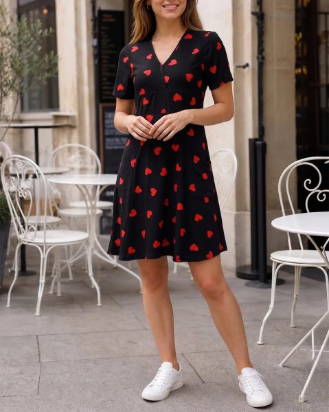 Short Sleeve Novelty Heart Print Panelled A-Line Dress