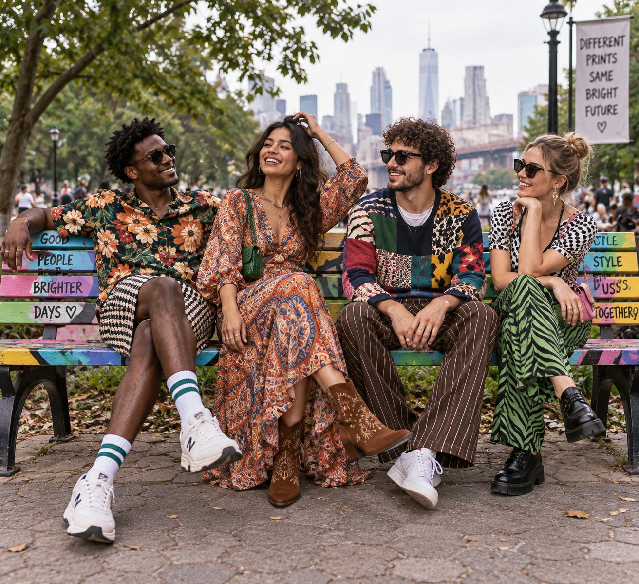 Friends in mixed prints relaxing on a colorful park bench.