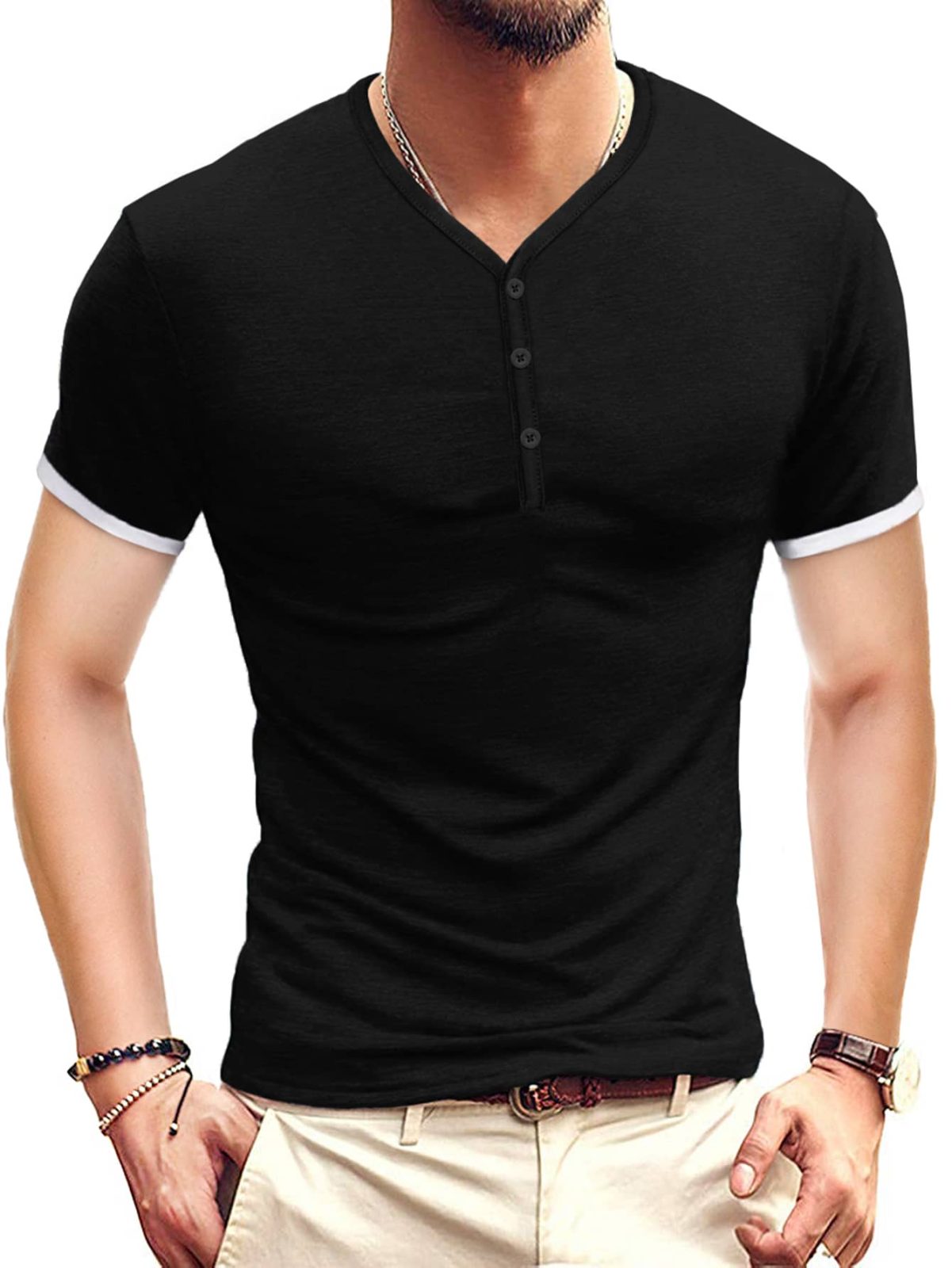 Black V-Neck Contrast Cuff Button Front Top