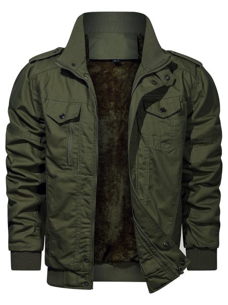 Black Flap Pocket Funnel Neck Teddy Lined Zipper Jacket