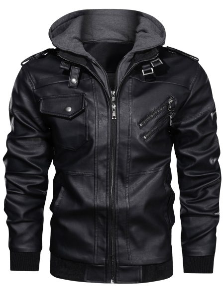 Zip Up Hooded PU Leather Jacket