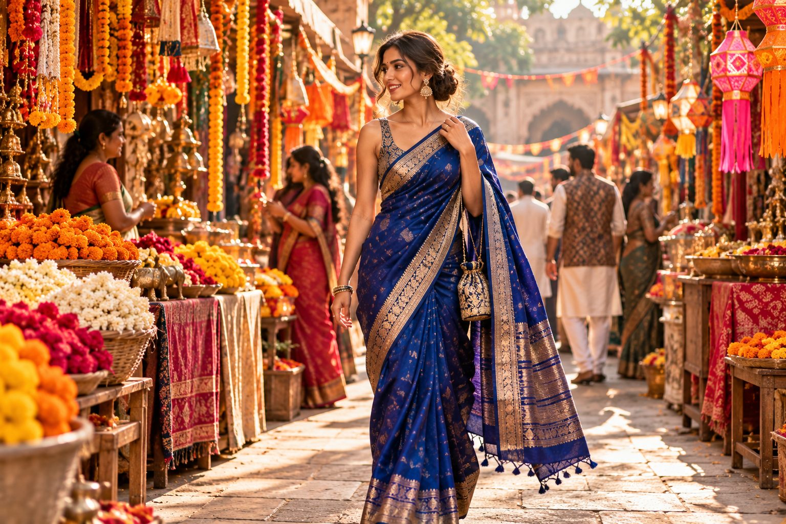 Model in royal blue handloom silk saree walking through festive market.