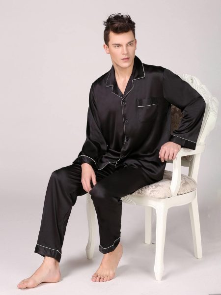 Lapel Collar Button Front Satin Pyjama Sleepwear Set