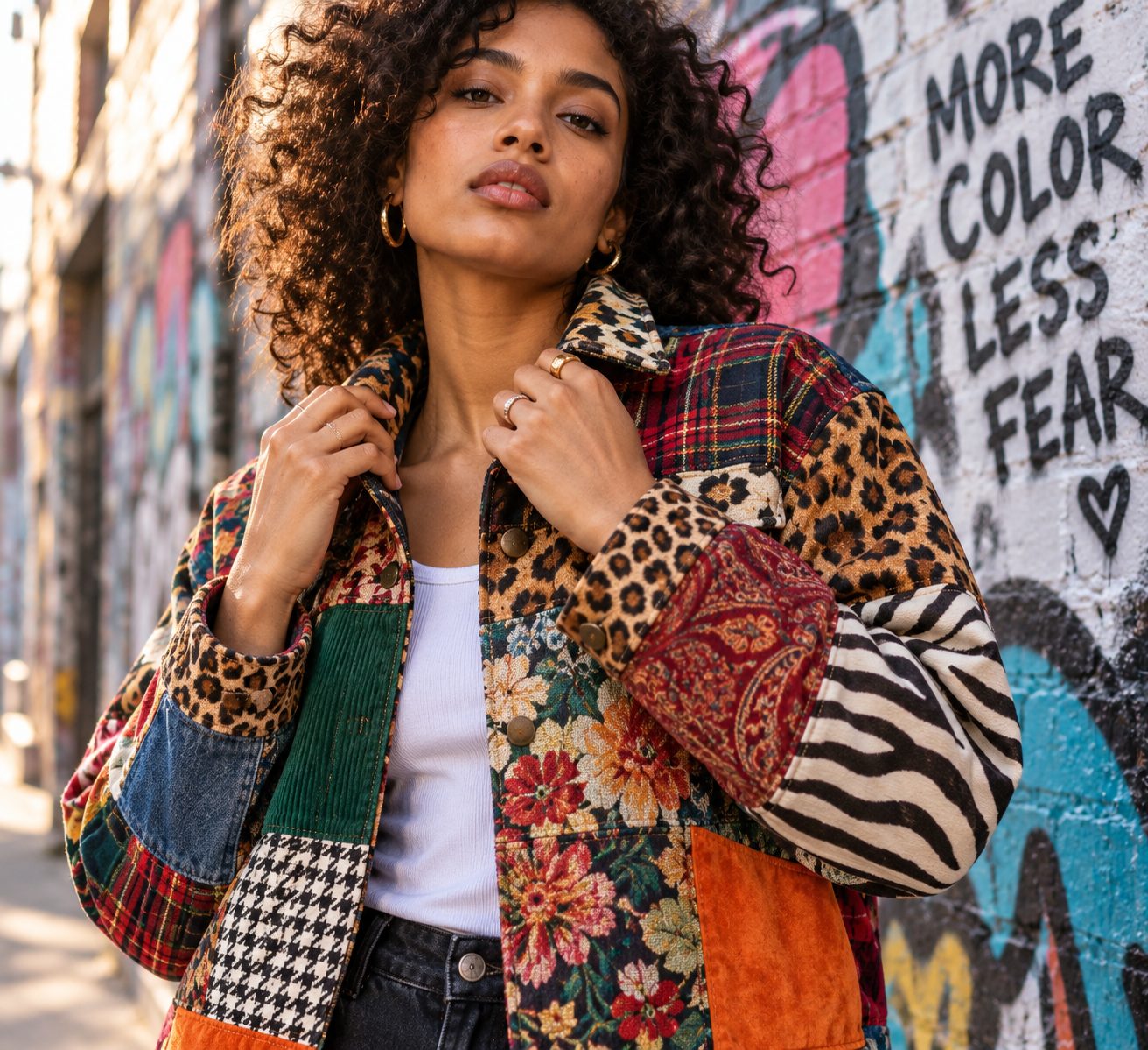 Close-up of a model in a patchwork jacket against urban graffiti.