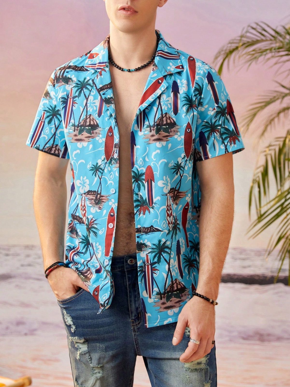 Tropical Print Lapel Neck Button Front Shirt