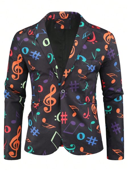 Black Allover Print Single Button Blazer