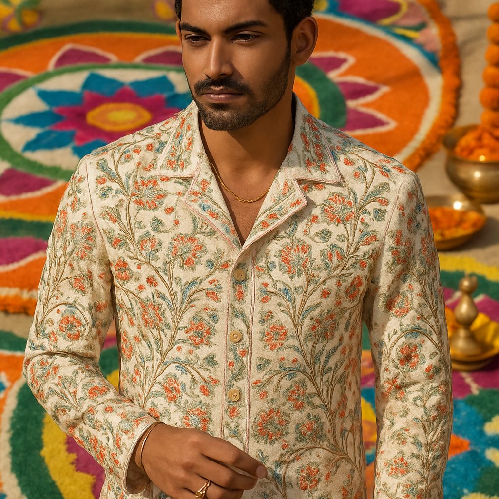 Close-up of Indian male model in handcrafted co-ord set with festive decor.