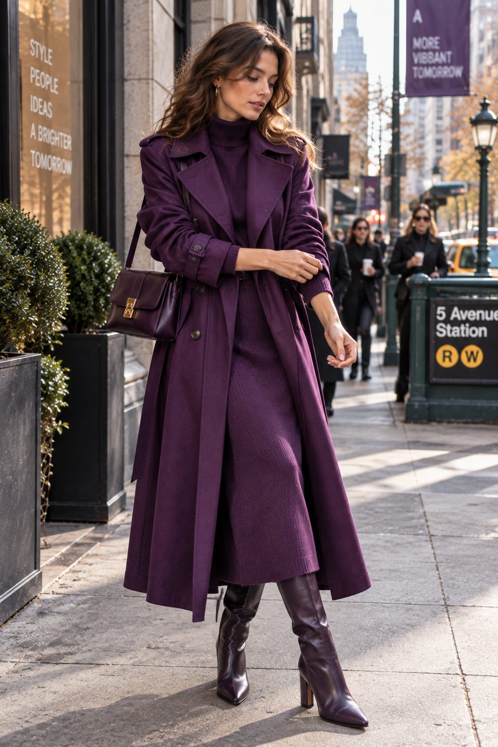 Model in deep purple trench coat adjusting sleeve on busy sidewalk