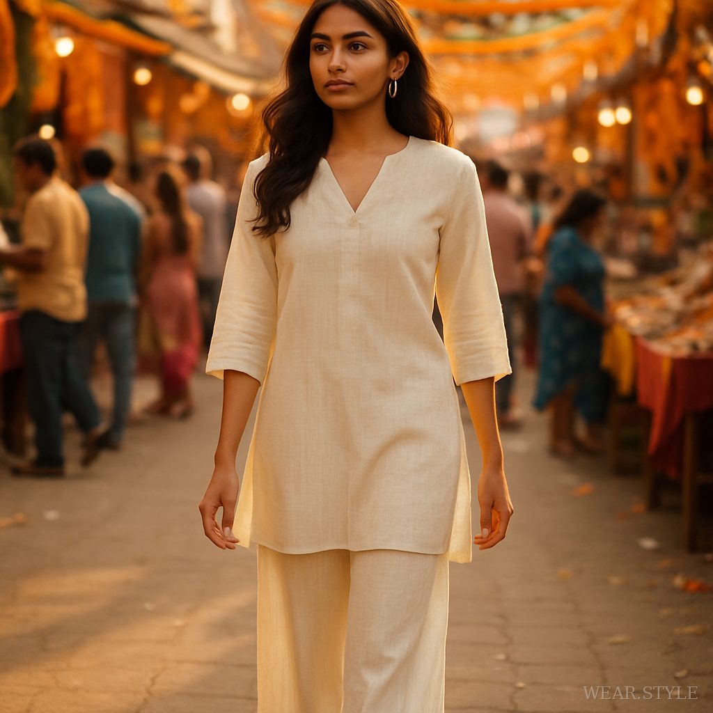 Indian woman in a chic co-ord set walking through a festive market during golden hour.
