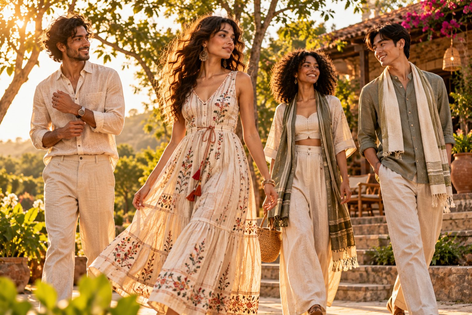 Models in vibrant khadi fashion outdoors, showcasing the fabric's modern appeal in golden hour light.