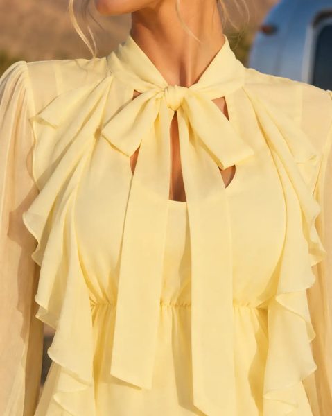 Women Tie-Up Neck Flounce Sleeve Ruffled A-Line Dress