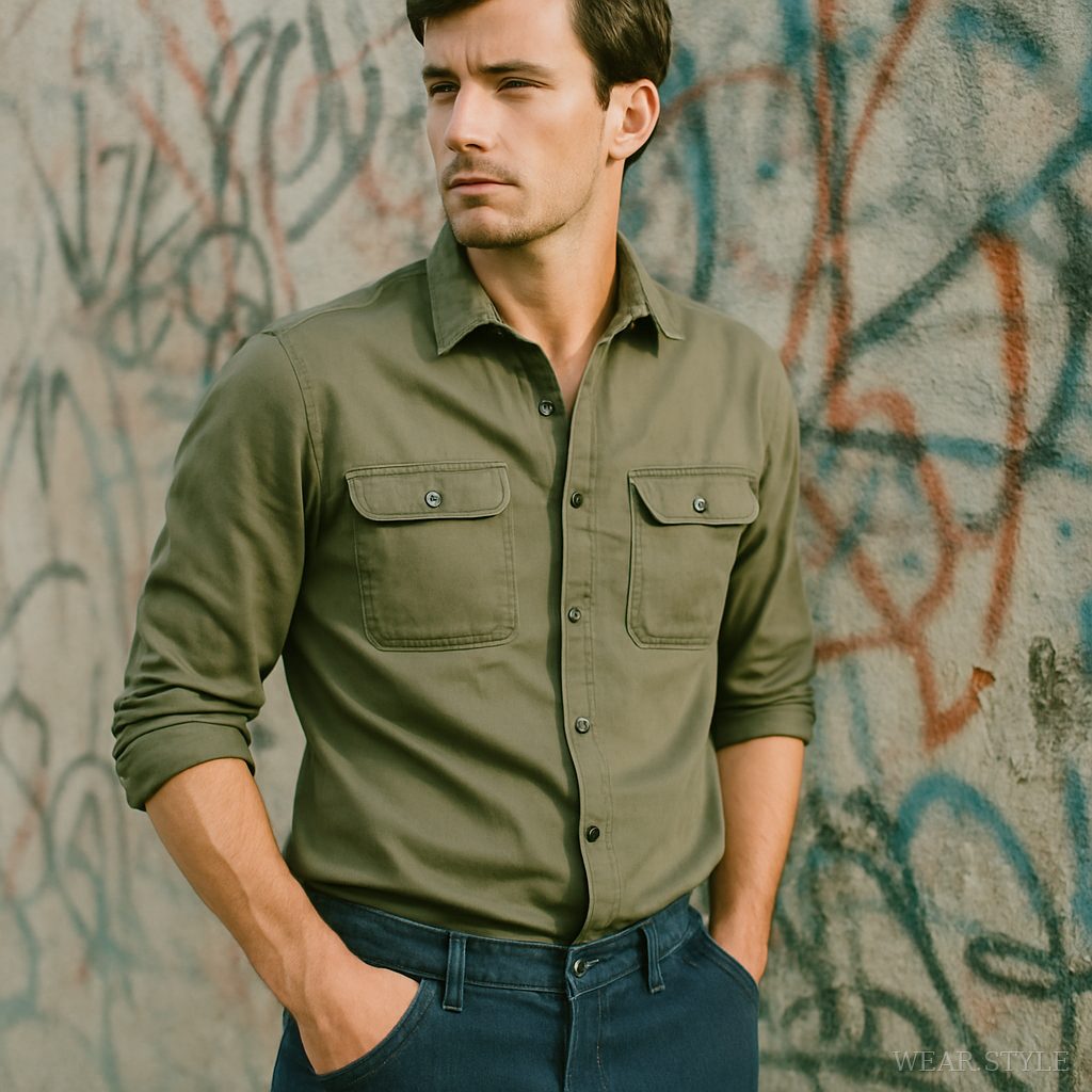 Male model in olive utility shirt and carpenter pants leaning against a wall.