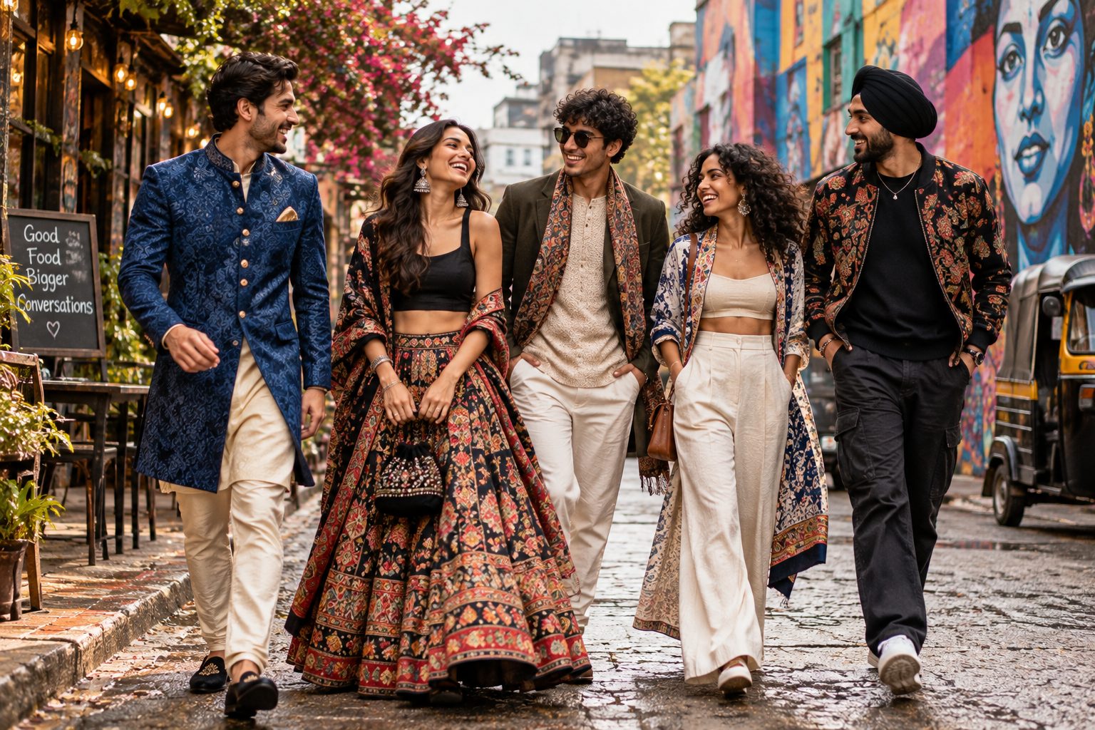 A diverse group of models embraces fusion fashion in a vibrant urban setting.