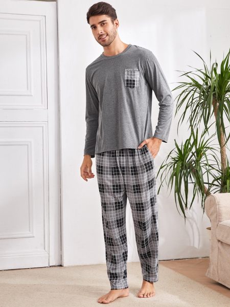 Round Neck Plaid Pocket Tee and Trousers Lounge Sleepwear Set
