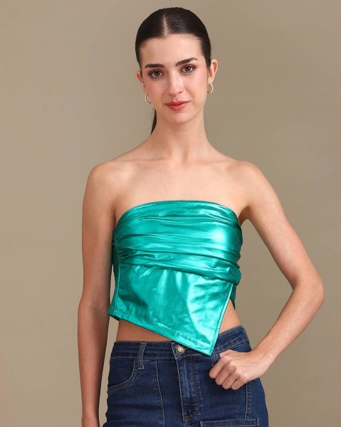 Party Strapless Mock Wrap Pleated Shimmer Fitted Tube Top
