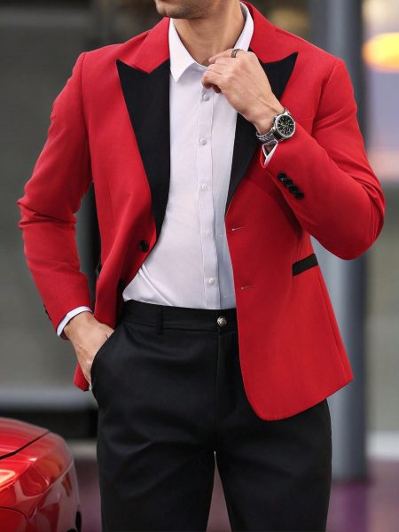 Red Single Breasted Peak Lapel Contrast Stitching Front Button Blazer