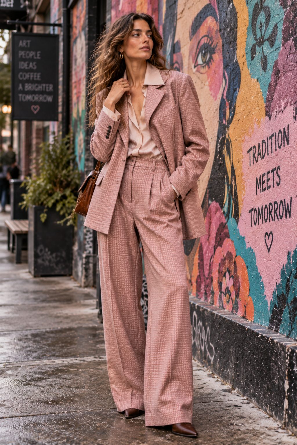 Model in a soft blush tailored suit against colorful street art, highlighting modern details and textures.