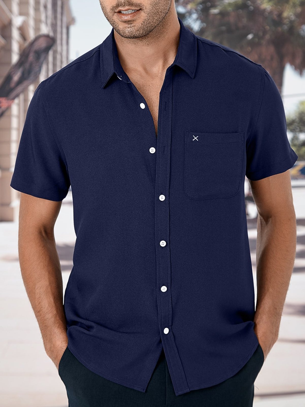 Navy Blue Letter Embroidery Patched Pocket Shirt