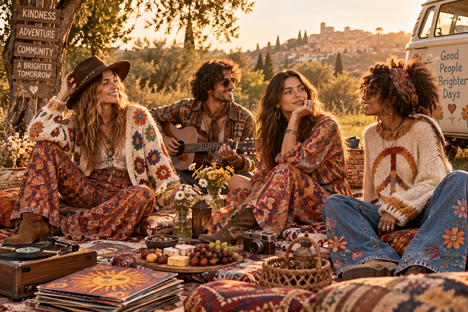 Group of friends in bohemian outfits enjoying a picnic in a sunlit park.