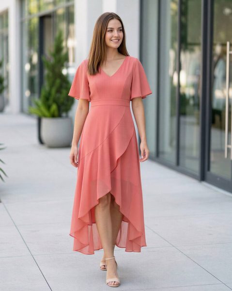 Women Flutter Sleeve Ruffled Hem Mock Wrap A-Line Dress