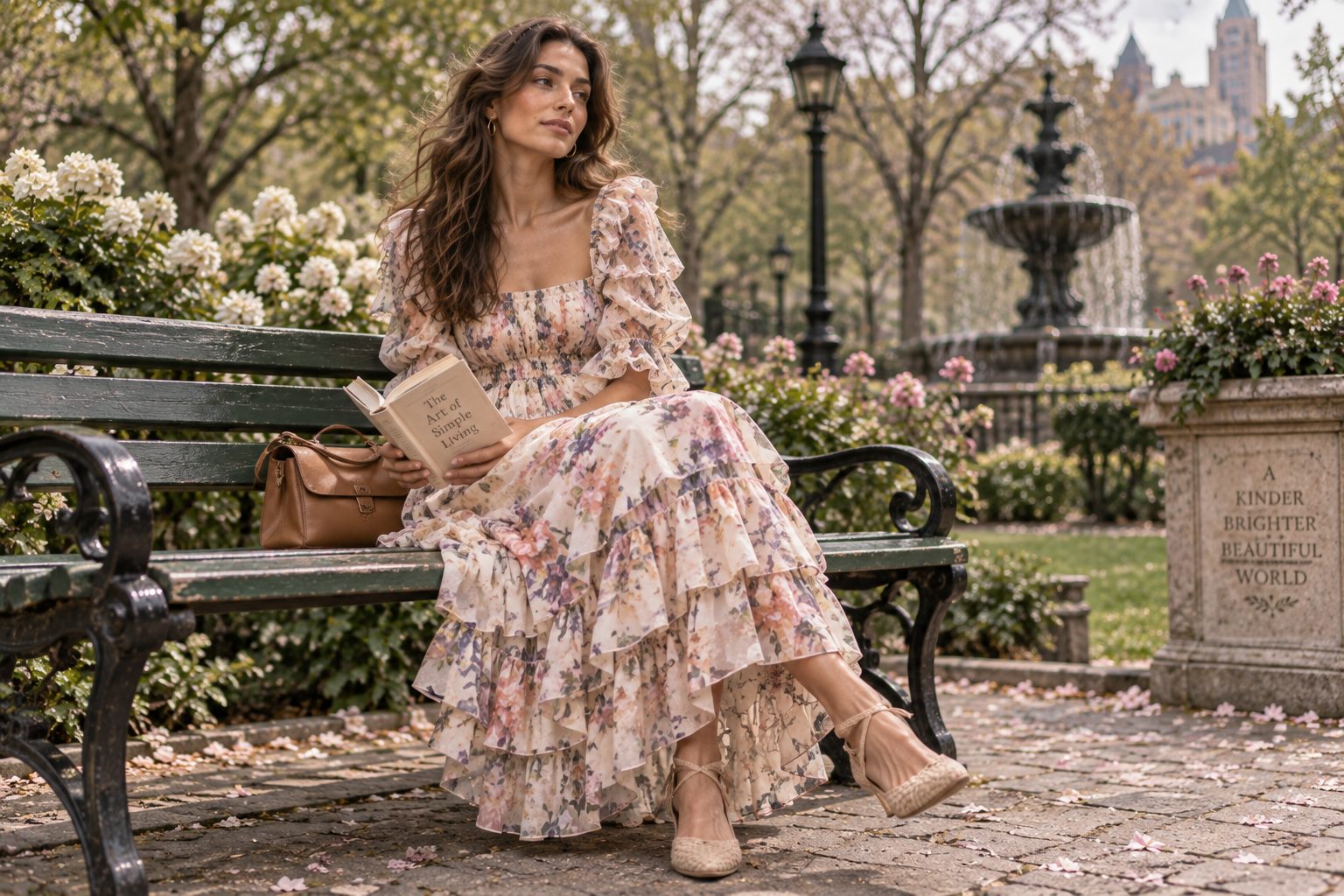 Woman in pastel floral midi dress daydreams on park bench, serene overcast afternoon light