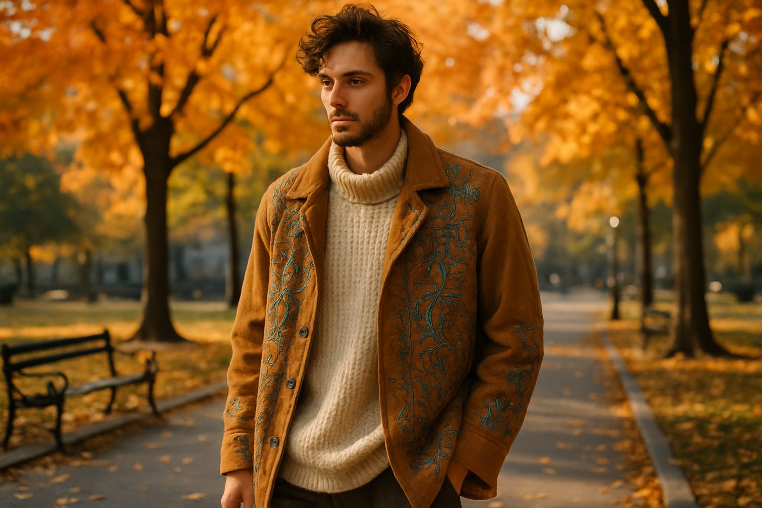 Stylish man in oversized knit and suede coat in autumn park
