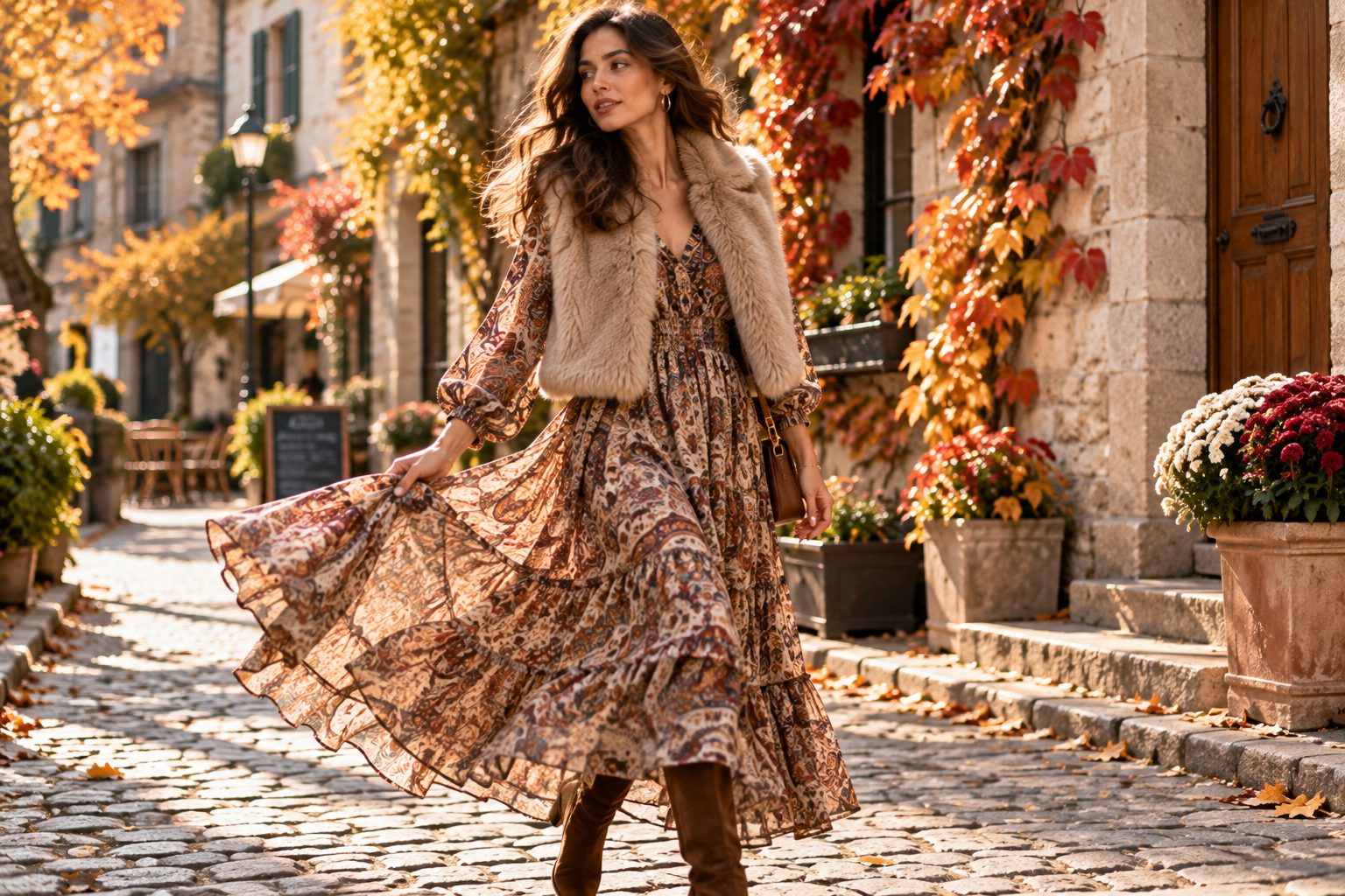 Model in cropped faux fur gilet twirling in cobblestone street.