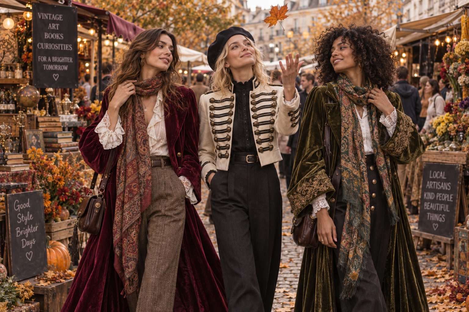 Group of models in dramatic outerwear at a vibrant street market.
