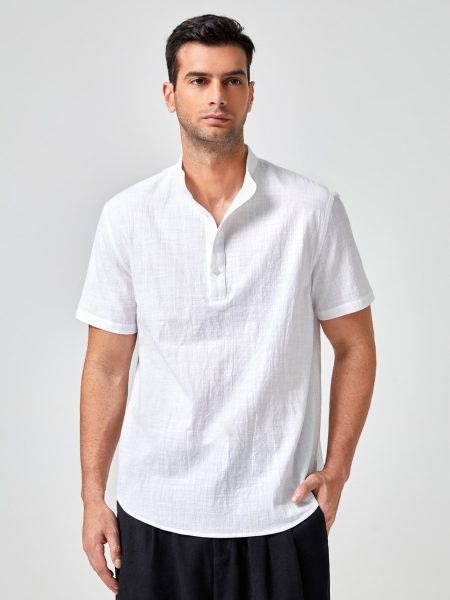 Stand Collar Buttoned Half Placket Shirt