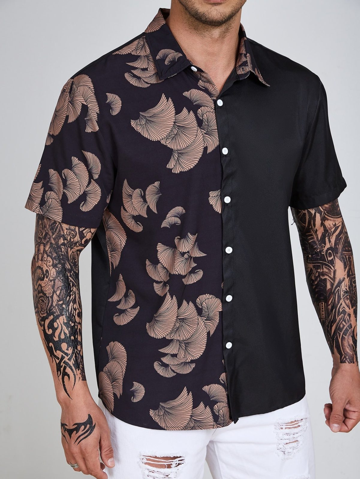 Black Boho Leaf Print Short Sleeve Shirt
