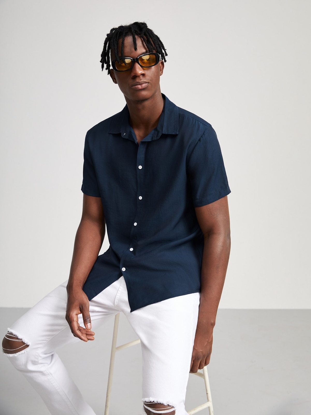 Navy Blue Textured Button Front Shirt