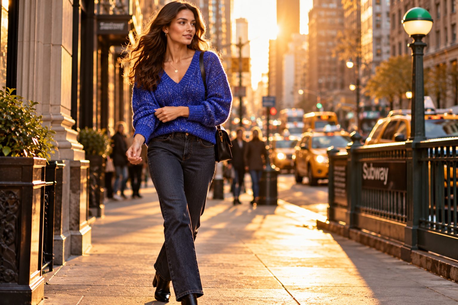 Model in cobalt blue marled knit sweater walking in New York City during golden hour.