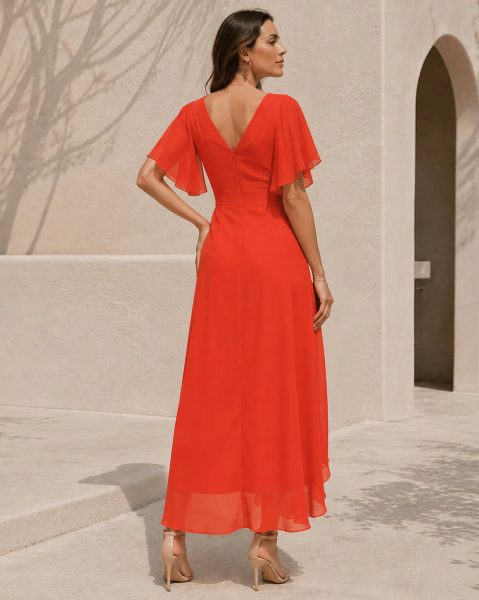 Women Flutter Sleeve Ruffled Hem Mock Wrap A-Line Dress