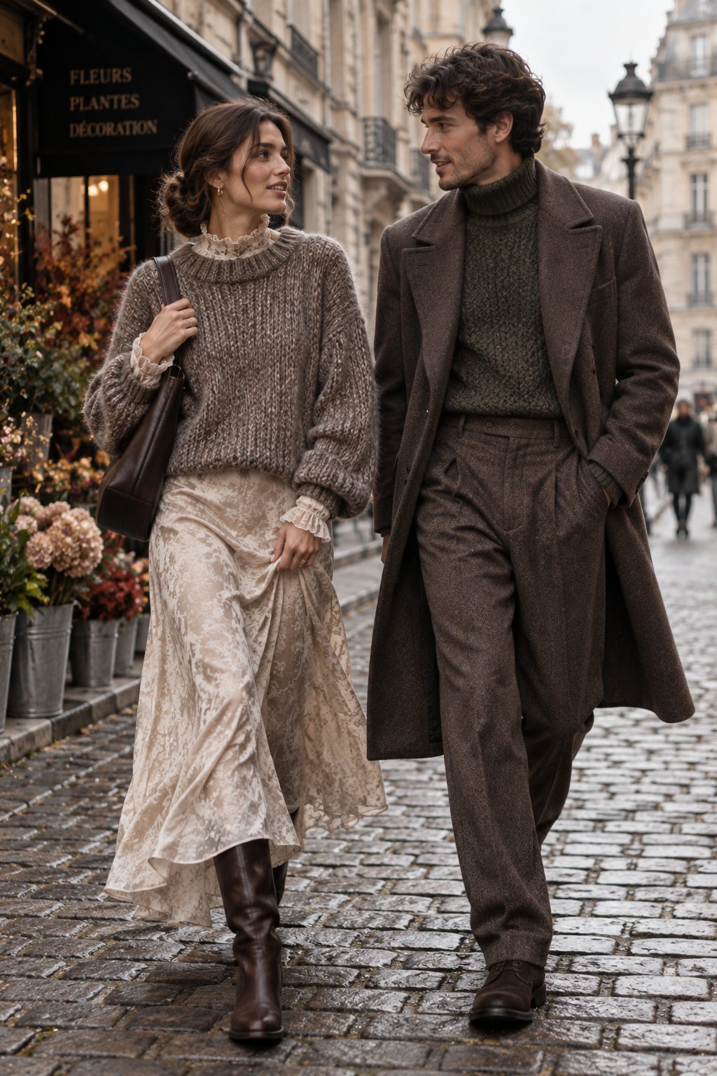 Models in textured layers walking on cobblestone street, overcast light, candid moment