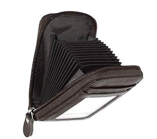 RFID Blocking 10 Slot Vertical Leather Credit/Debit Zipper Card Holder Brown Wallet